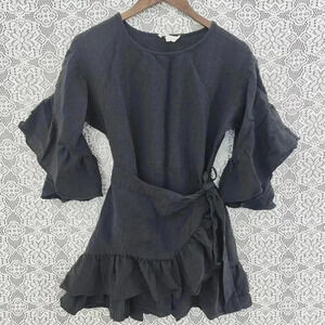 Hot & Delicious rayon blend bell sleeve ruffle wrap mini dress S black